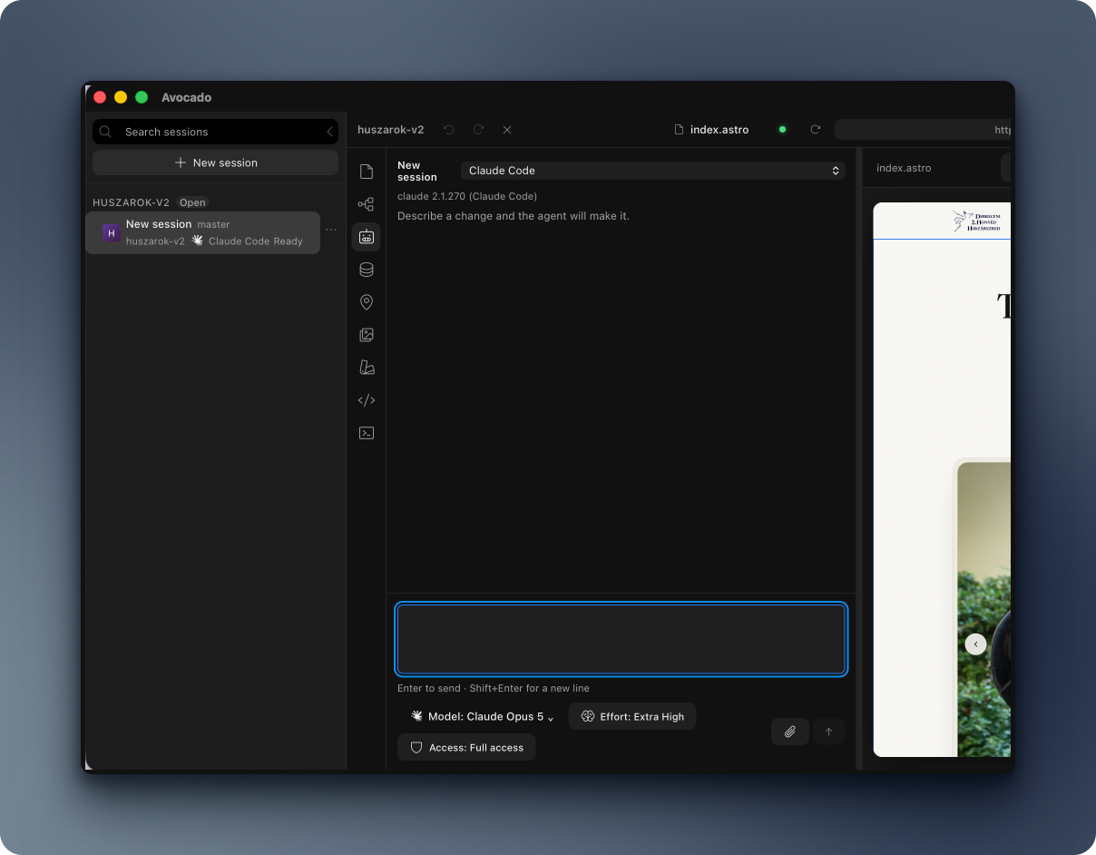 Avocado agent session with model, effort and access controls beside the live page.