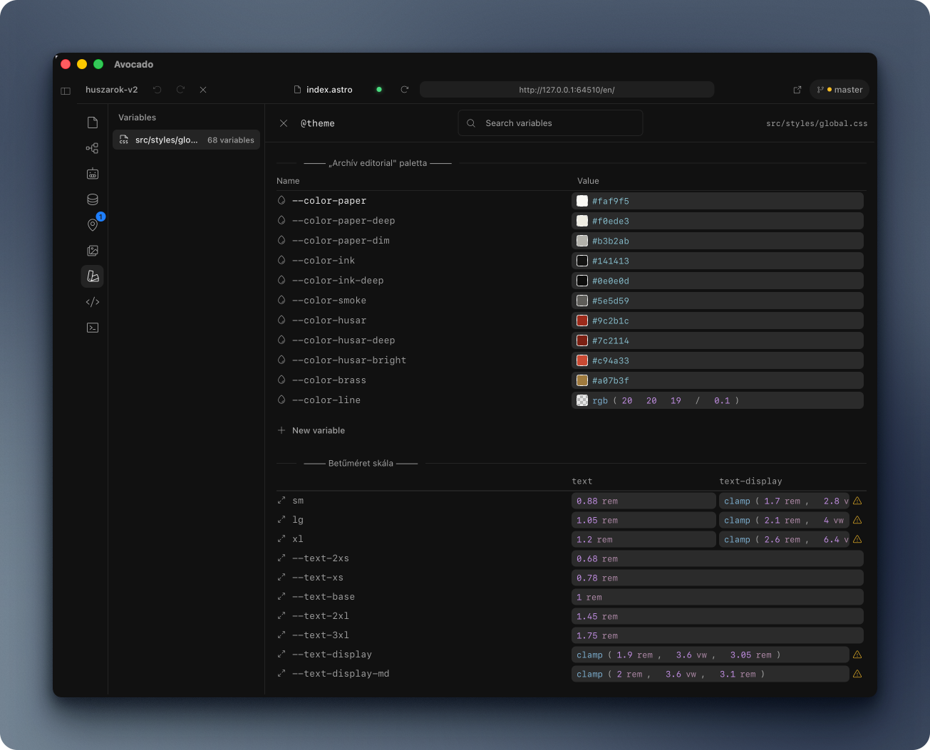 Avocado variables panel listing CSS custom properties with colour swatches and type scale values.