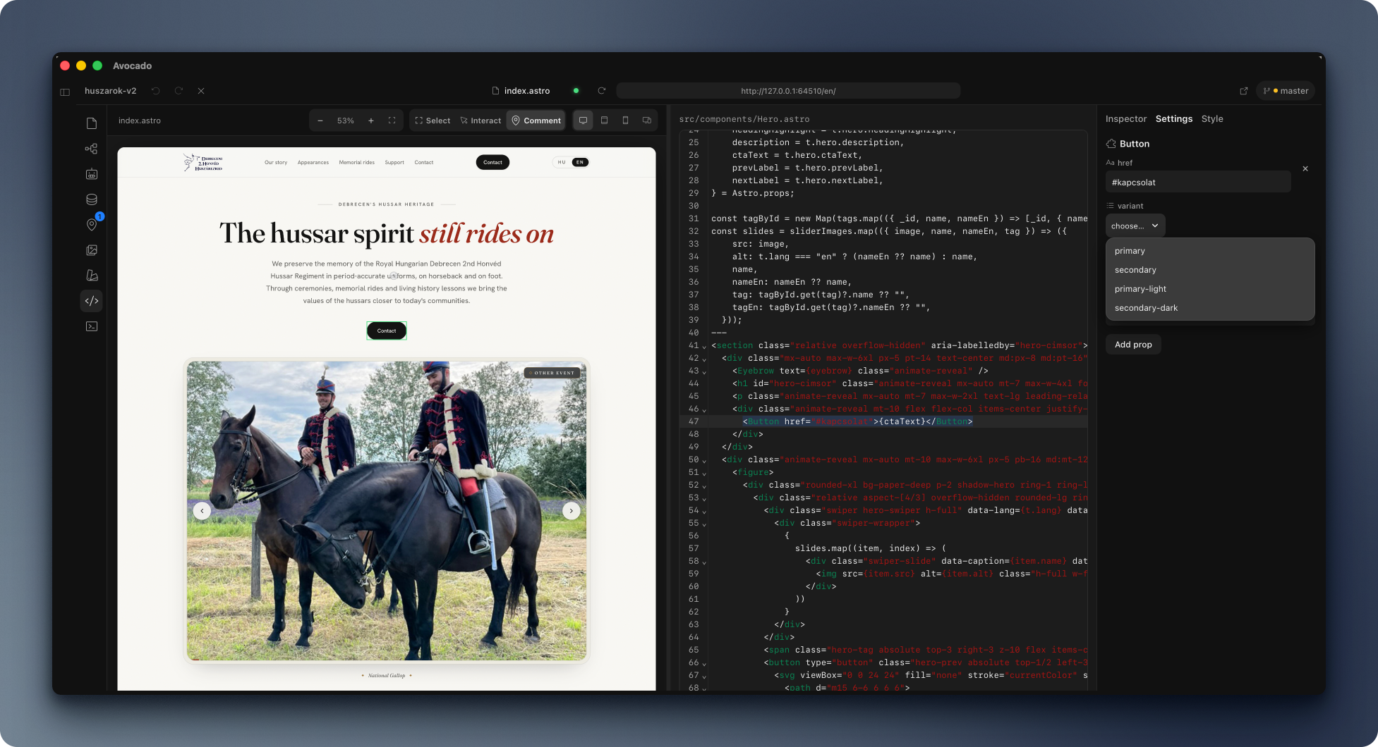 Avocado workspace with the live canvas, a source code pane and the inspector open on the real repository.