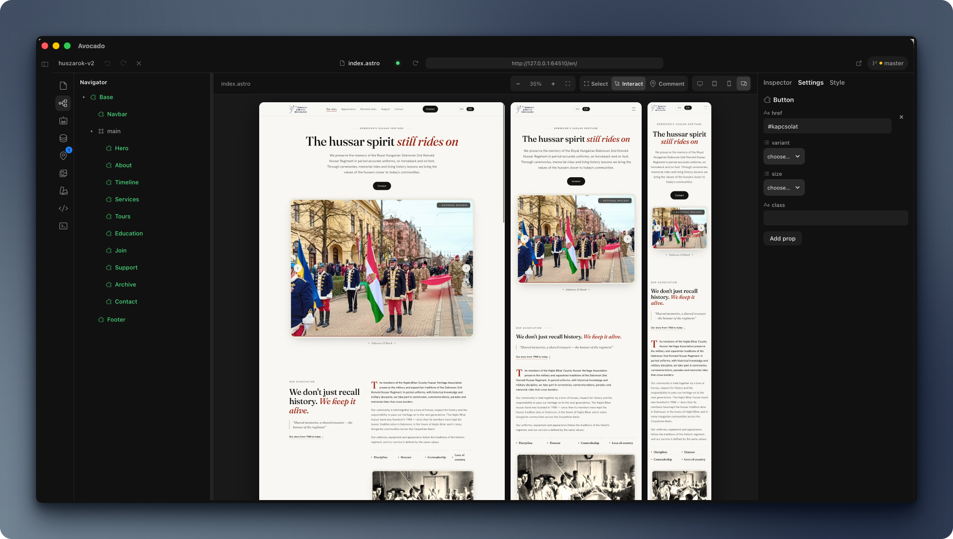 Avocado canvas showing desktop, tablet and mobile previews of a page with a selected element and the style inspector.